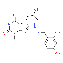 ChemSpider 2D Image | 8-[(2E)-2-(2,4-Dihydroxybenzylidene)hydrazino]-7-(2-hydroxypropyl)-3-methyl-3,7-dihydro-1H-purine-2,6-dione | C16H18N6O5