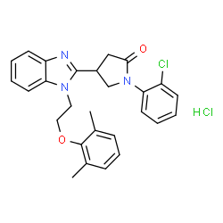 ChemSpider 2D Image | 1-(2-Chlorophenyl)-4-{1-[2-(2,6-dimethylphenoxy)ethyl]-1H-benzimidazol-2-yl}-2-pyrrolidinone hydrochloride (1:1) | C27H27Cl2N3O2