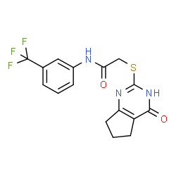 ChemSpider 2D Image | 2-[(4-Oxo-4,5,6,7-tetrahydro-1H-cyclopenta[d]pyrimidin-2-yl)sulfanyl]-N-[3-(trifluoromethyl)phenyl]acetamide | C16H14F3N3O2S