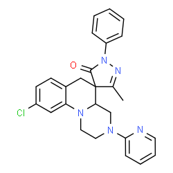 ChemSpider 2D Image | 9-Chloro-5'-methyl-2'-phenyl-3-(2-pyridinyl)-2,3,4,4a-tetrahydro-1H,6H-spiro[pyrazino[1,2-a]quinoline-5,4'-pyrazol]-3'(2'H)-one | C26H24ClN5O