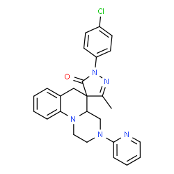 ChemSpider 2D Image | 2'-(4-Chlorophenyl)-5'-methyl-3-(2-pyridinyl)-2,3,4,4a-tetrahydro-1H,6H-spiro[pyrazino[1,2-a]quinoline-5,4'-pyrazol]-3'(2'H)-one | C26H24ClN5O