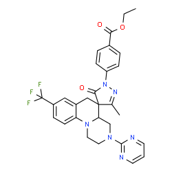 ChemSpider 2D Image | Ethyl 4-[3'-methyl-5'-oxo-3-(2-pyrimidinyl)-8-(trifluoromethyl)-2,3,4,4a-tetrahydro-1H,6H-spiro[pyrazino[1,2-a]quinoline-5,4'-pyrazol]-1'(5'H)-yl]benzoate | C29H27F3N6O3