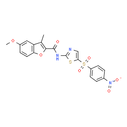 ChemSpider 2D Image | 5-Methoxy-3-methyl-N-{5-[(4-nitrophenyl)sulfonyl]-1,3-thiazol-2-yl}-1-benzofuran-2-carboxamide | C20H15N3O7S2