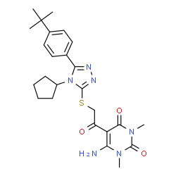 ChemSpider 2D Image | 6-Amino-5-[({4-cyclopentyl-5-[4-(2-methyl-2-propanyl)phenyl]-4H-1,2,4-triazol-3-yl}sulfanyl)acetyl]-1,3-dimethyl-2,4(1H,3H)-pyrimidinedione | C25H32N6O3S