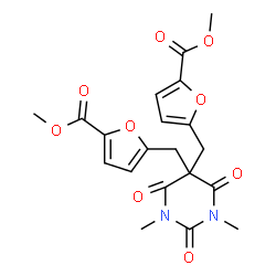 ChemSpider 2D Image | Dimethyl 5,5'-[(1,3-dimethyl-2,4,6-trioxohexahydropyrimidine-5,5-diyl)bis(methylene)]di(2-furoate) | C20H20N2O9