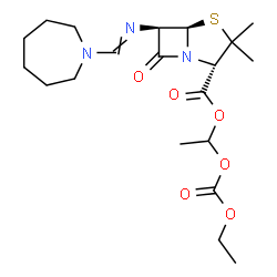 ChemSpider 2D Image | 1-[(Ethoxycarbonyl)oxy]ethyl (2S,5R,6R)-6-[(1-azepanylmethylene)amino]-3,3-dimethyl-7-oxo-4-thia-1-azabicyclo[3.2.0]heptane-2-carboxylate | C20H31N3O6S