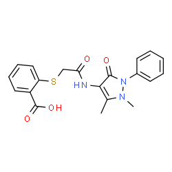 ChemSpider 2D Image | 2-({2-[(1,5-dimethyl-3-oxo-2-phenyl-2,3-dihydro-1H-pyrazol-4-yl)amino]-2-oxoethyl}thio)benzoic acid | C20H19N3O4S