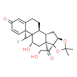ChemSpider 2D Image | (4aS,5S,6aS,6bS,9aR,10aS,10bS)-4b-Fluoro-6b-glycoloyl-5-hydroxy-4a,6a,8,8-tetramethyl-4a,4b,5,6,6a,6b,9a,10,10a,10b,11,12-dodecahydro-2H-naphtho[2',1':4,5]indeno[1,2-d][1,3]dioxol-2-one | C24H31FO6