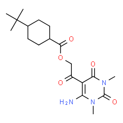 ChemSpider 2D Image | 2-(6-Amino-1,3-dimethyl-2,4-dioxo-1,2,3,4-tetrahydro-5-pyrimidinyl)-2-oxoethyl 4-(2-methyl-2-propanyl)cyclohexanecarboxylate | C19H29N3O5