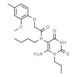 ChemSpider 2D Image | N-(6-Amino-2,4-dioxo-1-propyl-1,2,3,4-tetrahydro-5-pyrimidinyl)-N-butyl-2-(2-methoxy-4-methylphenoxy)acetamide | C21H30N4O5
