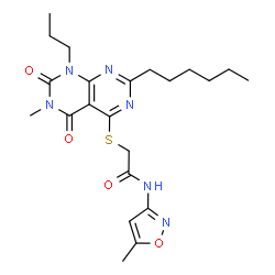 ChemSpider 2D Image | 2-[(2-Hexyl-6-methyl-5,7-dioxo-8-propyl-5,6,7,8-tetrahydropyrimido[4,5-d]pyrimidin-4-yl)sulfanyl]-N-(5-methyl-1,2-oxazol-3-yl)acetamide | C22H30N6O4S