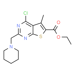 ChemSpider 2D Image | Ethyl 4-chloro-5-methyl-2-(1-piperidinylmethyl)thieno[2,3-d]pyrimidine-6-carboxylate | C16H20ClN3O2S