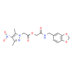 ChemSpider 2D Image | 2-[(1,3-Benzodioxol-5-ylmethyl)amino]-2-oxoethyl (3,5-dimethyl-4-nitro-1H-pyrazol-1-yl)acetate | C17H18N4O7