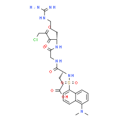ChemSpider 2D Image | N-{[5-(Dimethylamino)-1-naphthyl]sulfonyl}-L-alpha-glutamyl-N-[(4S)-7-carbamimidamido-1-chloro-2,3-dioxo-4-heptanyl]glycinamide | C27H36ClN7O8S