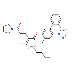 ChemSpider 2D Image | 2-Butyl-6-methyl-5-[3-oxo-3-(1-pyrrolidinyl)propyl]-3-{[2'-(1H-tetrazol-5-yl)-4-biphenylyl]methyl}-4(3H)-pyrimidinone | C30H35N7O2