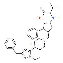 ChemSpider 2D Image | N-(3-(3-fluorophenyl)-4-((4-(3-benzyl-1-ethylpyrazol-5-yl)piperidin-1-yl)methyl)cyclopentyl)-N-methylvaline | C35H47FN4O2
