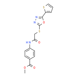 ChemSpider 2D Image | Methyl 4-[({[5-(2-thienyl)-1,3,4-oxadiazol-2-yl]sulfanyl}acetyl)amino]benzoate | C16H13N3O4S2