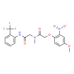 ChemSpider 2D Image | N~2~-[(4-Methoxy-2-nitrophenoxy)acetyl]-N~2~-methyl-N-[2-(trifluoromethyl)phenyl]glycinamide | C19H18F3N3O6