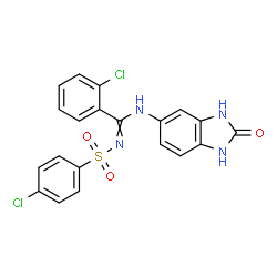 ChemSpider 2D Image | 2-Chloro-N'-[(4-chlorophenyl)sulfonyl]-N-(2-oxo-2,3-dihydro-1H-benzimidazol-5-yl)benzenecarboximidamide | C20H14Cl2N4O3S