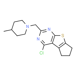 ChemSpider 2D Image | 4-Chloro-2-[(4-methyl-1-piperidinyl)methyl]-6,7-dihydro-5H-cyclopenta[4,5]thieno[2,3-d]pyrimidine | C16H20ClN3S