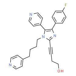 ChemSpider 2D Image | 4-[4-(4-fluorophenyl)-5-(4-pyridyl)-1-[4-(4-pyridyl)butyl]imidazol-2-yl]but-3-yn-1-ol | C27H25FN4O