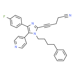 ChemSpider 2D Image | 5-[4-(4-fluorophenyl)-1-(4-phenylbutyl)-5-(4-pyridyl)imidazol-2-yl]pent-4-ynenitrile | C29H25FN4