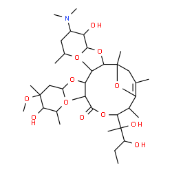 ChemSpider 2D Image | 3-(2,3-Dihydroxy-2-pentanyl)-9-{[4-(dimethylamino)-3-hydroxy-6-methyltetrahydro-2H-pyran-2-yl]oxy}-7-[(5-hydroxy-4-methoxy-4,6-dimethyltetrahydro-2H-pyran-2-yl)oxy]-2,6,8,10,12-pentamethyl-4,13-dioxab
icyclo[8.2.1]tridec-1(12)-en-5-one | C37H65NO12