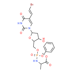 ChemSpider 2D Image | Methyl 2-({[(5-{5-[(E)-2-bromovinyl]-2,4-dioxo-3,4-dihydro-1(2H)-pyrimidinyl}-3-hydroxytetrahydro-2-furanyl)methoxy](phenoxy)phosphoryl}amino)propanoate | C21H25BrN3O9P