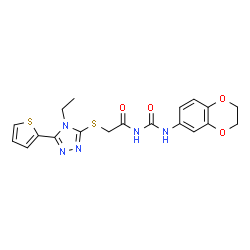 ChemSpider 2D Image | N-(2,3-Dihydro-1,4-benzodioxin-6-ylcarbamoyl)-2-{[4-ethyl-5-(2-thienyl)-4H-1,2,4-triazol-3-yl]sulfanyl}acetamide | C19H19N5O4S2