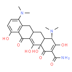 ChemSpider 2D Image | (4S,12aS)-4,7-Bis(dimethylamino)-3,10,12,12a-tetrahydroxy-1,11-dioxo-1,4,4a,5,5a,6,11,12a-octahydro-2-tetracenecarboxamide | C23H27N3O7