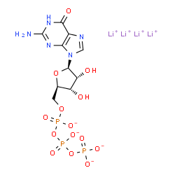 ChemSpider 2D Image | Tetralithium 5'-O-({[(phosphonatooxy)phosphinato]oxy}phosphinato)guanosine | C10H12Li4N5O14P3
