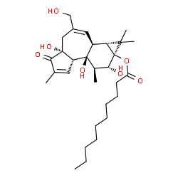 ChemSpider 2D Image | (1aR,1bS,4aR,7aS,7bS,8R,9R,9aS)-4a,7b,9-Trihydroxy-3-(hydroxymethyl)-1,1,6,8-tetramethyl-5-oxo-1,1a,1b,4,4a,5,7a,7b,8,9-decahydro-9aH-cyclopropa[3,4]benzo[1,2-e]azulen-9a-yl decanoate | C30H46O7