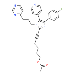ChemSpider 2D Image | 6-[4-(4-fluorophenyl)-5-(4-pyridyl)-1-(3-pyrimidin-4-ylpropyl)imidazol-2-yl]hex-5-ynyl acetate | C29H28FN5O2