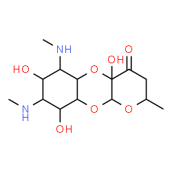 ChemSpider 2D Image | 4a,7,9-Trihydroxy-2-methyl-6,8-bis(methylamino)decahydro-4H-pyrano[2,3-b][1,4]benzodioxin-4-one | C14H24N2O7