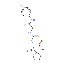 ChemSpider 2D Image | N~2~-[(2,4-Dioxo-1,3-diazaspiro[4.4]non-3-yl)acetyl]-N-(4-fluorophenyl)glycinamide | C17H19FN4O4