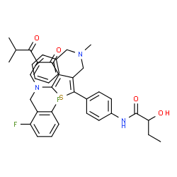 ChemSpider 2D Image | N-{4-[3-{[Benzyl(methyl)amino]methyl}-7-(2,6-difluorobenzyl)-5-isobutyryl-4-oxo-4,7-dihydrothieno[2,3-b]pyridin-2-yl]phenyl}-2-hydroxybutanamide | C37H37F2N3O4S