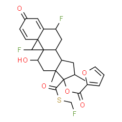 ChemSpider 2D Image | 6,9-Difluoro-17-{[(fluoromethyl)sulfanyl]carbonyl}-11-hydroxy-16-methyl-3-oxoandrosta-1,4-dien-17-yl 2-furoate | C27H29F3O6S
