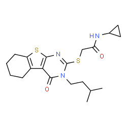 ChemSpider 2D Image | N-Cyclopropyl-2-{[3-(3-methylbutyl)-4-oxo-3,4,5,6,7,8-hexahydro[1]benzothieno[2,3-d]pyrimidin-2-yl]sulfanyl}acetamide | C20H27N3O2S2