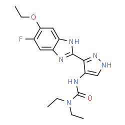 ChemSpider 2D Image | 3-[3-(5-Ethoxy-6-fluoro-1H-benzimidazol-2-yl)-1H-pyrazol-4-yl]-1,1-diethylurea | C17H21FN6O2