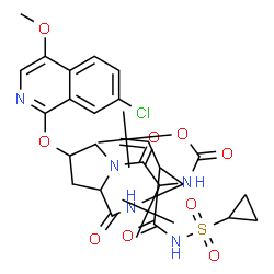 ChemSpider 2D Image | 3-Methyl-N-{[(2-methyl-2-propanyl)oxy]carbonyl}valyl-4-[(7-chloro-4-methoxy-1-isoquinolinyl)oxy]-N-{1-[(cyclopropylsulfonyl)carbamoyl]-2-vinylcyclopropyl}prolinamide | C35H46ClN5O9S