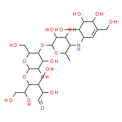 ChemSpider 2D Image | 4,6-Dideoxy-4-{[4,5,6-trihydroxy-3-(hydroxymethyl)-2-cyclohexen-1-yl]amino}hexopyranosyl-(1->4)hexopyranosyl-(1->4)hexose | C25H43NO18