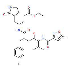 ChemSpider 2D Image | Ethyl 4-{[2-(4-fluorobenzyl)-6-methyl-5-{[(5-methyl-1,2-oxazol-3-yl)carbonyl]amino}-4-oxoheptanoyl]amino}-5-(2-oxo-3-pyrrolidinyl)pentanoate | C31H41FN4O7