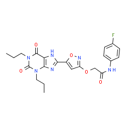 ChemSpider 2D Image | 2-{[5-(2,6-Dioxo-1,3-dipropyl-2,3,6,7-tetrahydro-1H-purin-8-yl)-1,2-oxazol-3-yl]oxy}-N-(4-fluorophenyl)acetamide | C22H23FN6O5
