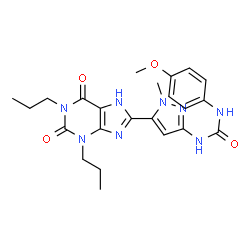 ChemSpider 2D Image | 1-[5-(2,6-Dioxo-1,3-dipropyl-2,3,6,7-tetrahydro-1H-purin-8-yl)-1-methyl-1H-pyrazol-3-yl]-3-(4-methoxyphenyl)urea | C23H28N8O4