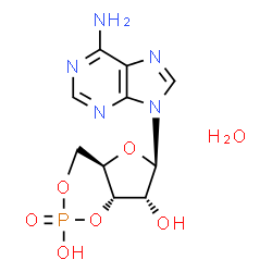 ChemSpider 2D Image | (4aR,6R,7R,7aS)-6-(6-Amino-9H-purin-9-yl)tetrahydro-4H-furo[3,2-d][1,3,2]dioxaphosphinine-2,7-diol 2-oxide hydrate (1:1) | C10H14N5O7P