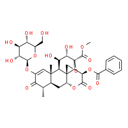 ChemSpider 2D Image | Methyl (11beta,12alpha,15beta)-15-(benzoyloxy)-2-(beta-D-glucopyranosyloxy)-11,12-dihydroxy-3,16-dioxo-13,20-epoxypicras-1-en-21-oate | C34H40O16