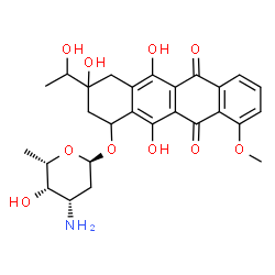 ChemSpider 2D Image | 3,5,12-Trihydroxy-3-(1-hydroxyethyl)-10-methoxy-6,11-dioxo-1,2,3,4,6,11-hexahydro-1-tetracenyl 3-amino-2,3,6-trideoxy-alpha-L-lyxo-hexopyranoside | C27H31NO10