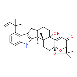 ChemSpider 2D Image | (3R,5bS,7aS,13bS,13cR,15aS)-5b-hydroxy-2,2,13b,13c-tetramethyl-9-(2-methylbut-3-en-2-yl)-2,3,5b,6,7,7a,8,13,13b,13c,14,15-dodecahydro-4H-3,15a-epoxy[1]benzoxepino[6',7':6,7]indeno[1,2-b]indol-4-one | C32H39NO4