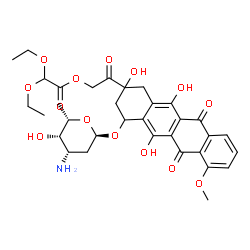 ChemSpider 2D Image | 2-{4-[(3-Amino-2,3,6-trideoxy-alpha-L-lyxo-hexopyranosyl)oxy]-2,5,12-trihydroxy-7-methoxy-6,11-dioxo-1,2,3,4,6,11-hexahydro-2-tetracenyl}-2-oxoethyl diethoxyacetate | C33H39NO14