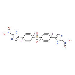 ChemSpider 2D Image | 5,5'-[Sulfonylbis(1-iodo-4-methylcyclohexa-2,5-diene-4,1-diyl)]bis(2-nitro-1H-imidazole) | C20H18I2N6O6S
